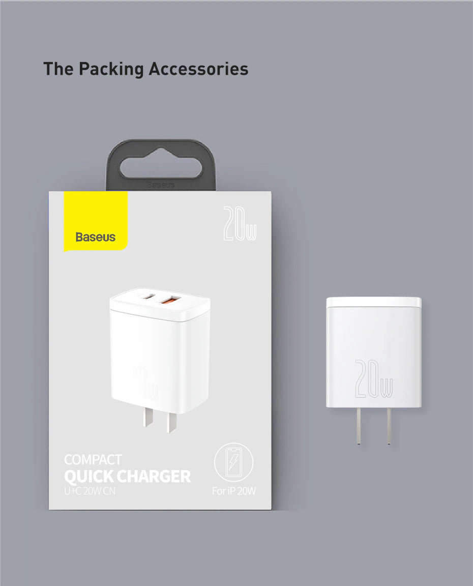 Baseus Compact 20W Fast Charger: Universal Compatibility and Charge 2 Devices Simultaneously at Rapid Speeds Baseus Compact 20W Fast Charger: Universal Compatibility and Charge 2 Devices Simultaneously at Rapid Speeds